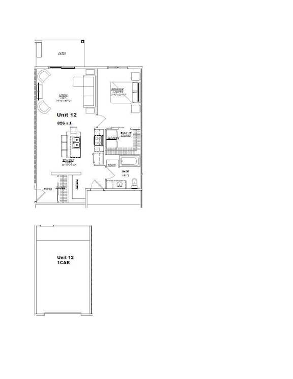 Floor Plan  A floor plan of a unit with a kitchen, living room, and bedrooms.
