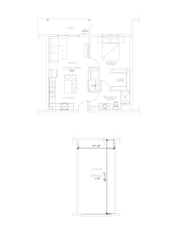 1 Bed/ 1 Bath - Hallway Access Garage (H), Floor Plan