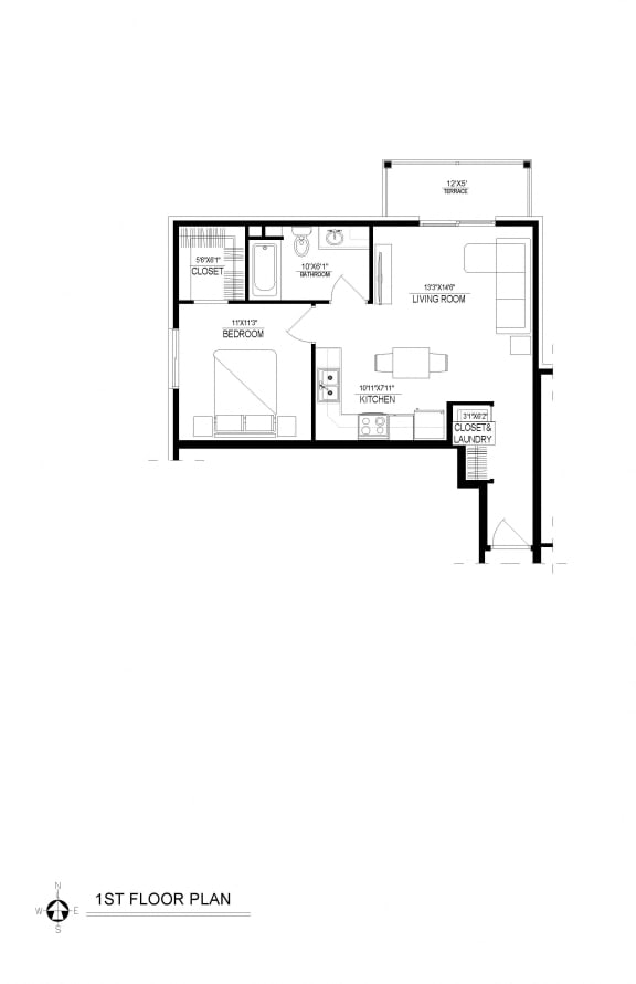 1 Bed/1 Bath, Upper Corner, Floorplan
