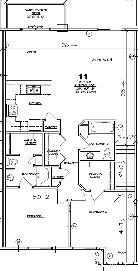 a floor plan for a house with two bedrooms and two bathrooms