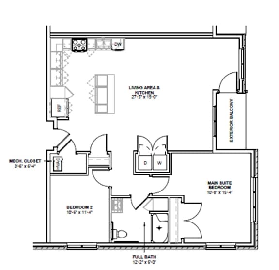 A floor plan of a home with a living area, kitchen, two bedrooms, a bathroom, and a mech closet.