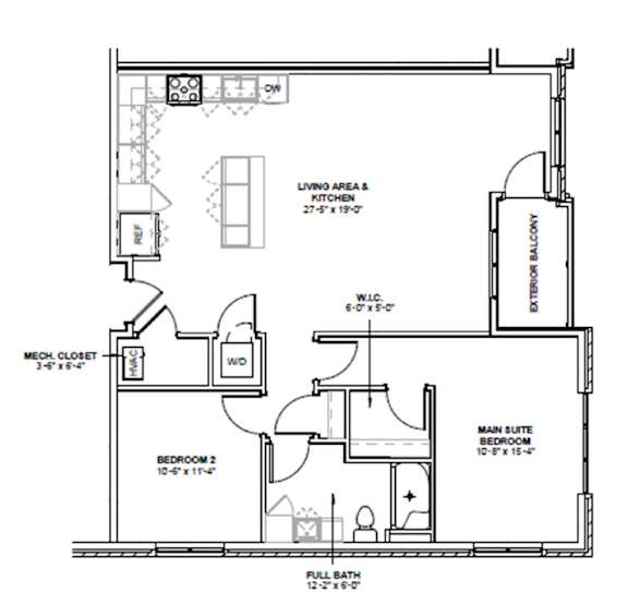 A floor plan of a house with a living area, kitchen, two bedrooms, a bathroom, and a closet.