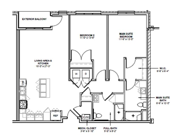 A floor plan of a house with a living area, kitchen, two bedrooms, a bathroom, and a mech closet.