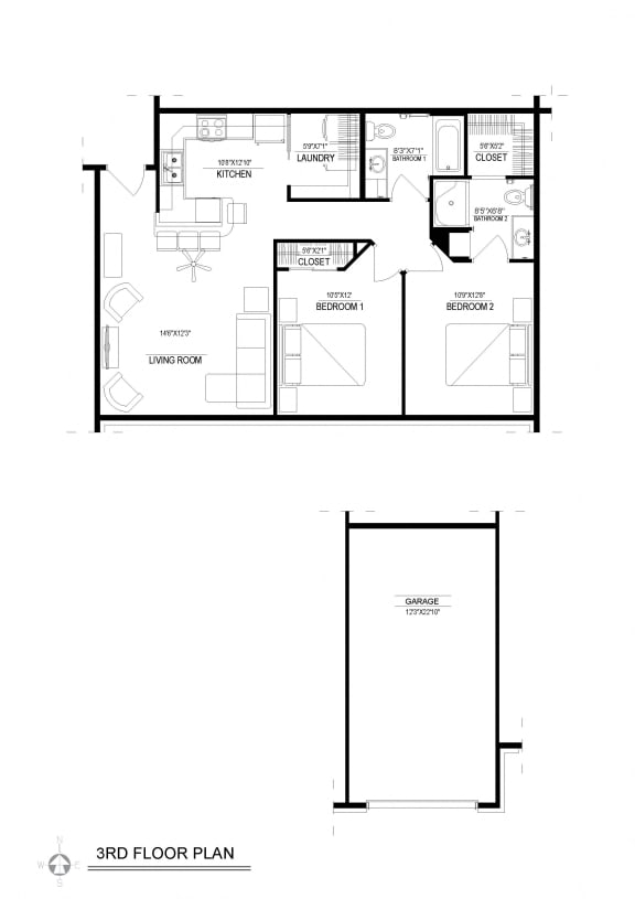 2 Bed/2 Bath, Hallway Access Garage, Floor Plan