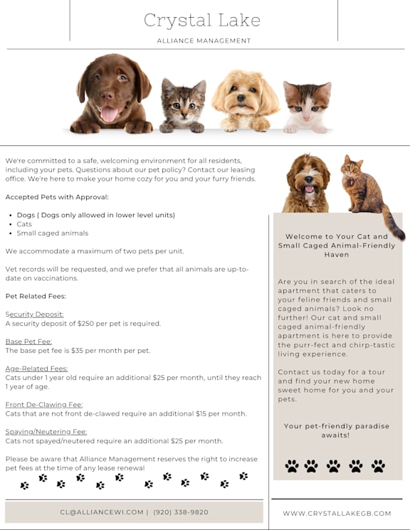 A flyer for Crystal Lake Alliance Management featuring information about pet policies and fees.