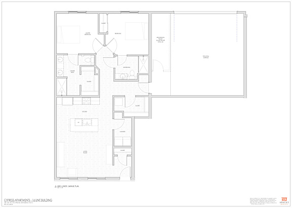 A floor plan of a building with multiple rooms and corridors.