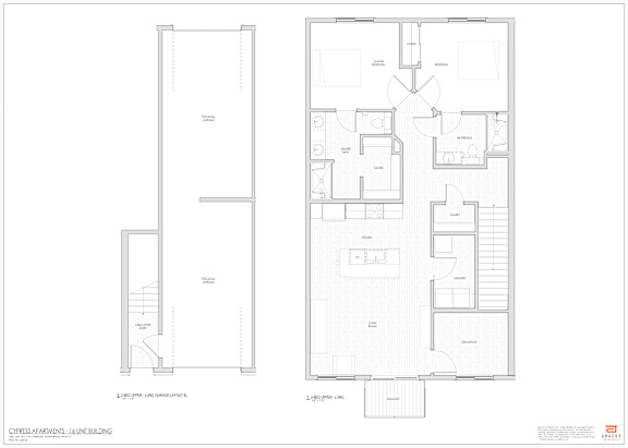 A floor plan of a building with a left and right section, showing the layout of rooms and doors.