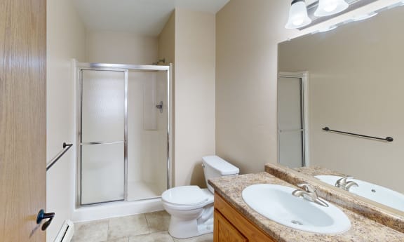 a bathroom with a sink toilet and a shower