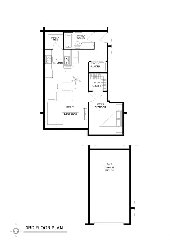 1 Bed/1 Bath, Hallway Access Garage, Floor Plan
