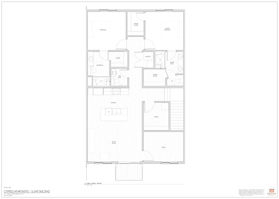 A floor plan of a one-line building with various rooms and spaces.