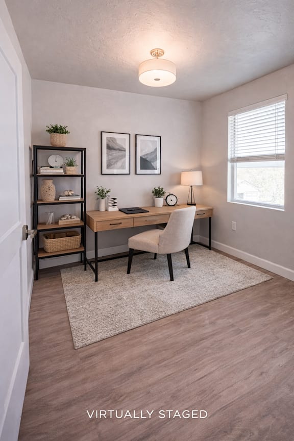 A room with a window and wooden floors.
