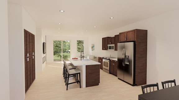 A modern kitchen with brown cabinets and a black countertop.