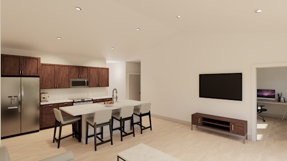 Floor Plan  A modern kitchen with a dining table and chairs.