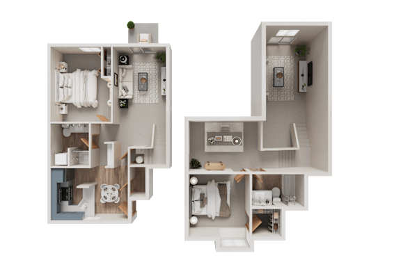 A 3D floor plan of a two-bedroom apartment.