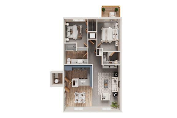 A top-down view of a small apartment layout with a kitchen, living room, and bathroom.