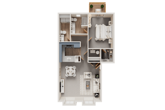 A detailed floor plan of a small apartment with a kitchen, living room, and bathroom.
