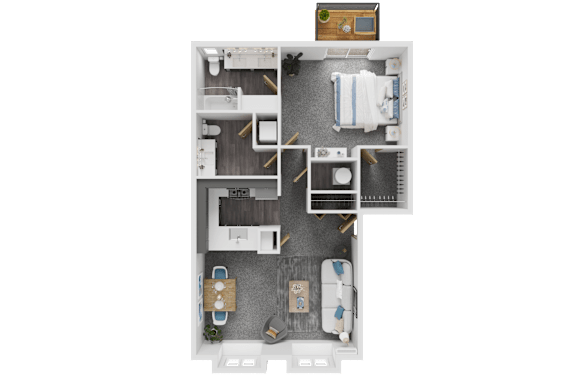 A top-down view of a house layout with a kitchen, living room, and two bedrooms.