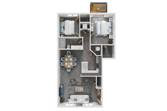 A top-down view of a small apartment layout with a kitchen, living room, and bathroom.