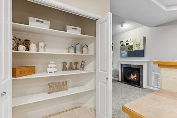 A kitchen pantry with a white door and shelves with food items and containers.