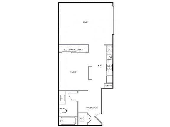 A floor plan of a room with a labeled sleeping area, pantry, and a custom closet.