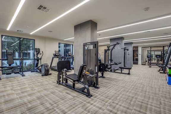 A well-equipped gym with various exercise machines and a carpeted floor.