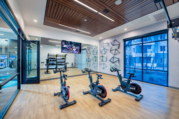 a gym with exercise bikes and a tv on the wall