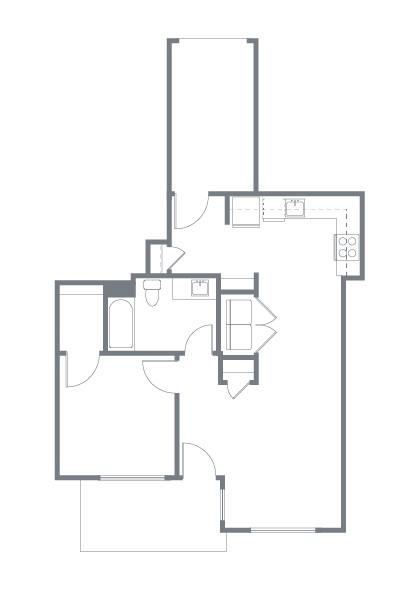 A floor plan of a house with a kitchen, living room, and two bedrooms.
