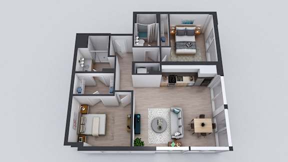 A top-down view of a multi-level apartment layout.