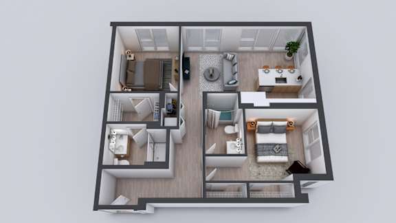 A top-down view of a two-bedroom apartment with a living room, kitchen, and bathroom.