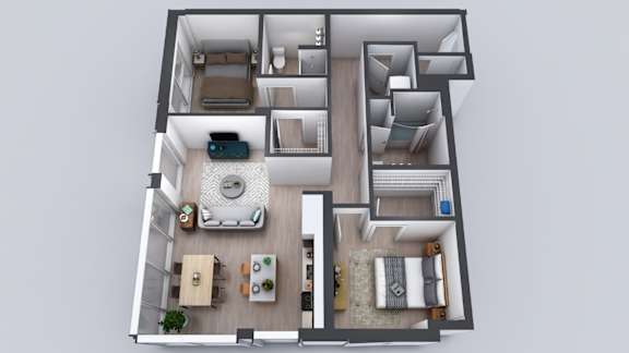 A 3D floor plan of a small apartment with a kitchen, living room, and bedrooms.