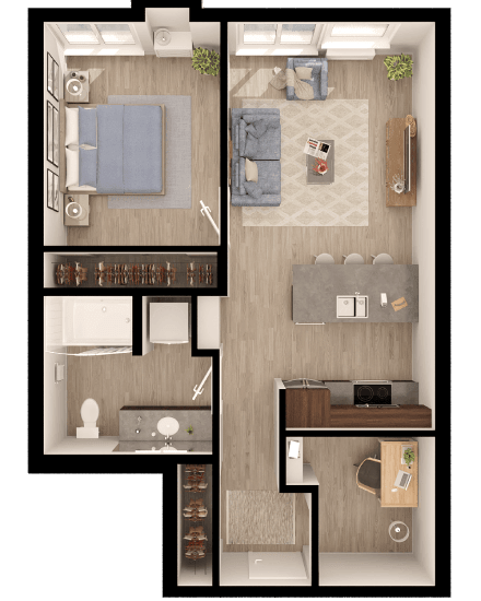 Floor Plan  a floor plan of a bedroom with a bathroom and a desk