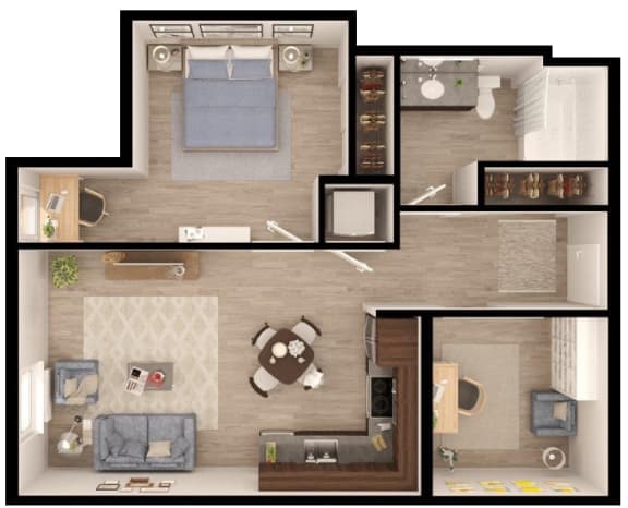 a top down view of a floor plan with a bedroom and a living room