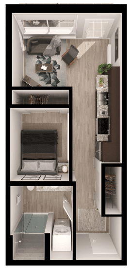 a tiny house with a bathroom and a living room