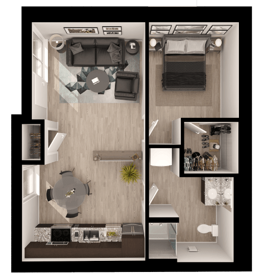 a 3d floor plan of a bedroom with a bathroom and a living room