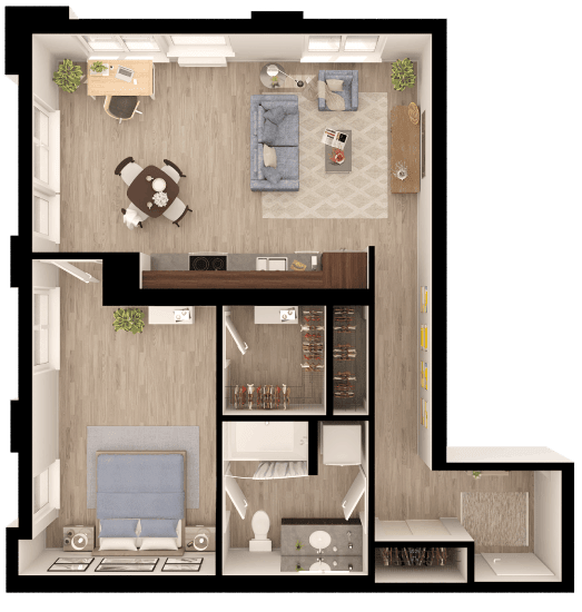 Floor Plan  a 3d rendering of a bedroom with a living room