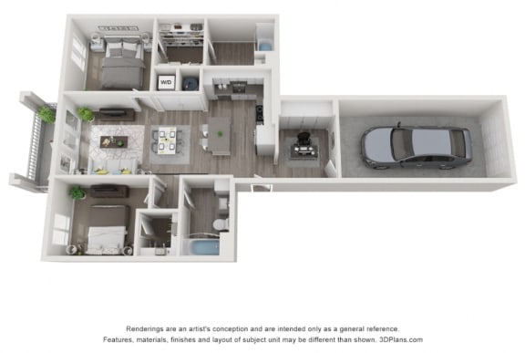 a stylized floor plan with a bedroom and a car