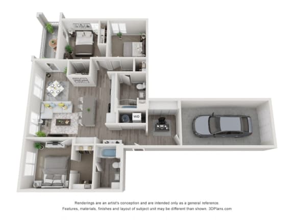 a stylized floor plan with a bedroom and a living room