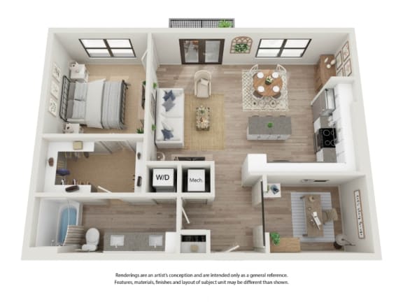 a 3d floor plan of a home with a bedroom and living room
