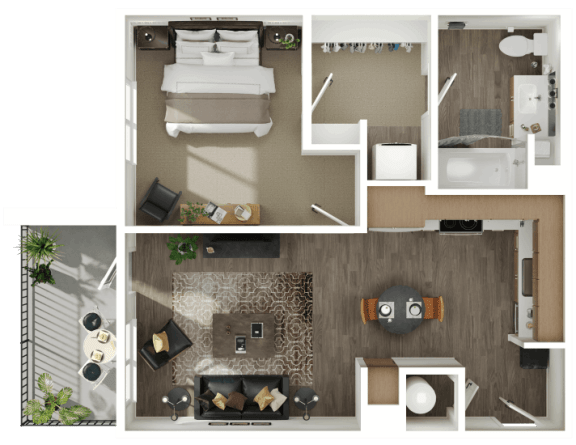 a 3d rendering of a bedroom with a bathroom and a living room