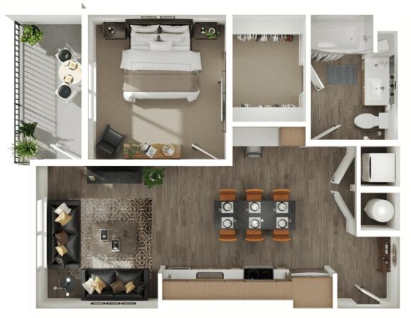 a 3d rendering of a bedroom with a bathroom and a living room