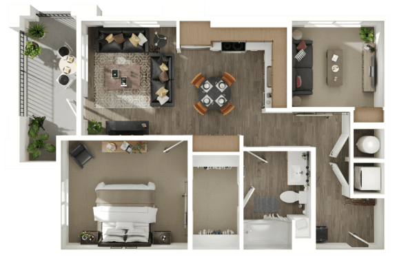 a 3d floor plan of a bedroom with a bathroom and a living room