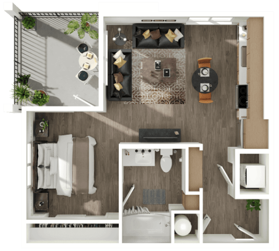 a 3d rendering of a bedroom with a bathroom and a living room
