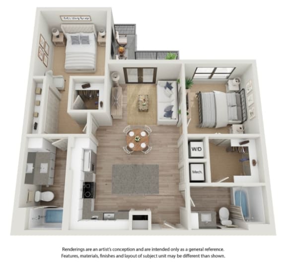 a stylized floor plan with a bedroom and a living room