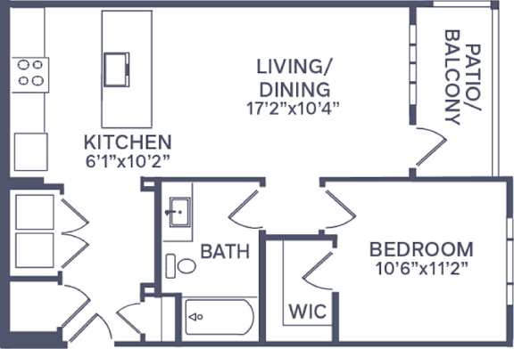 Floor Plan  A floor plan of a small apartment with a living/dining area, kitchen, bath, bedroom, and balcony.