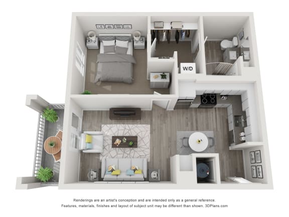A1 3D floor plan - 1 bed 1 bath 626 sqft