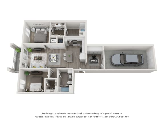 B1P 3D floorplan - 2 bed 2 bath 1072 sqft