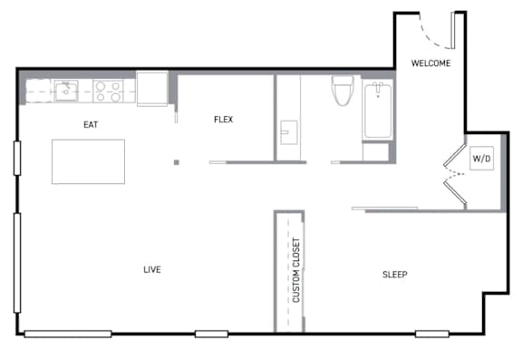 A floor plan of a house with labeled rooms such as "EAT", "FLEX", "LIVE", "SLEEP", and "W/D".