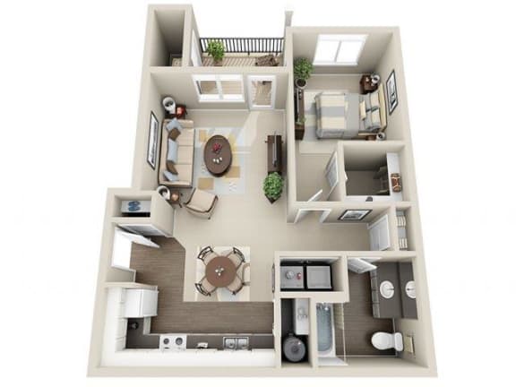 Floor Plan  River House Apartments Spokane Valley, Washington One Bedroom One Bath 3D Floor Plan