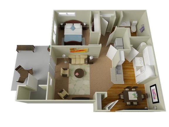 Floor Plan  River House Apartments Spokane Valley, Washington One Bedroom One Bath 3D Floor Plan
