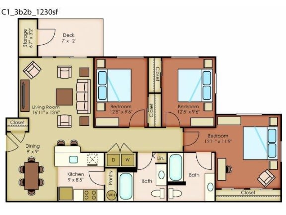 River House Apartments Spokane Valley, Washington Three Bedroom Two Bath 2D Floor Plans